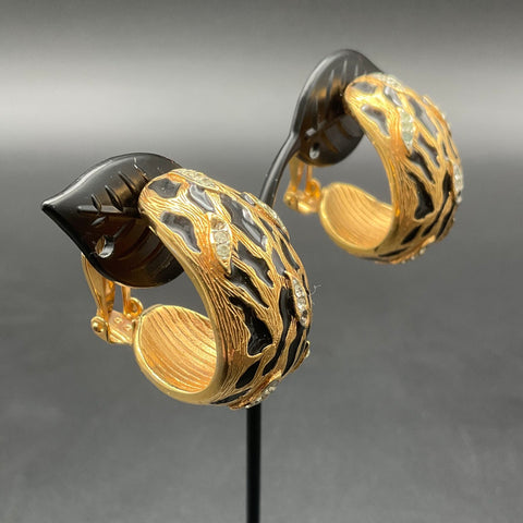 Vintage St. John Signed Gold Tone Black Enamel Animal Print Clip-On Earrings