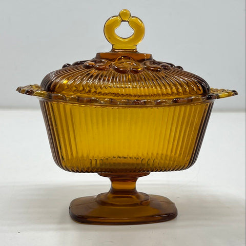 Pressed Glass Amber Ribbed Lidded Candy Dish Footed Compote Vintage 8 Inch