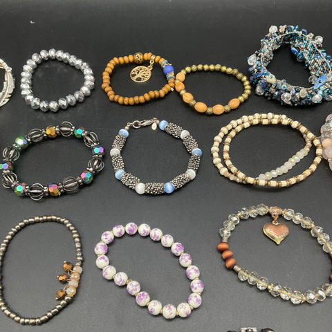 Vintage & Modern Mixed Costume Jewelry Lot 26 Beaded Bracelets Bangles Cuffs