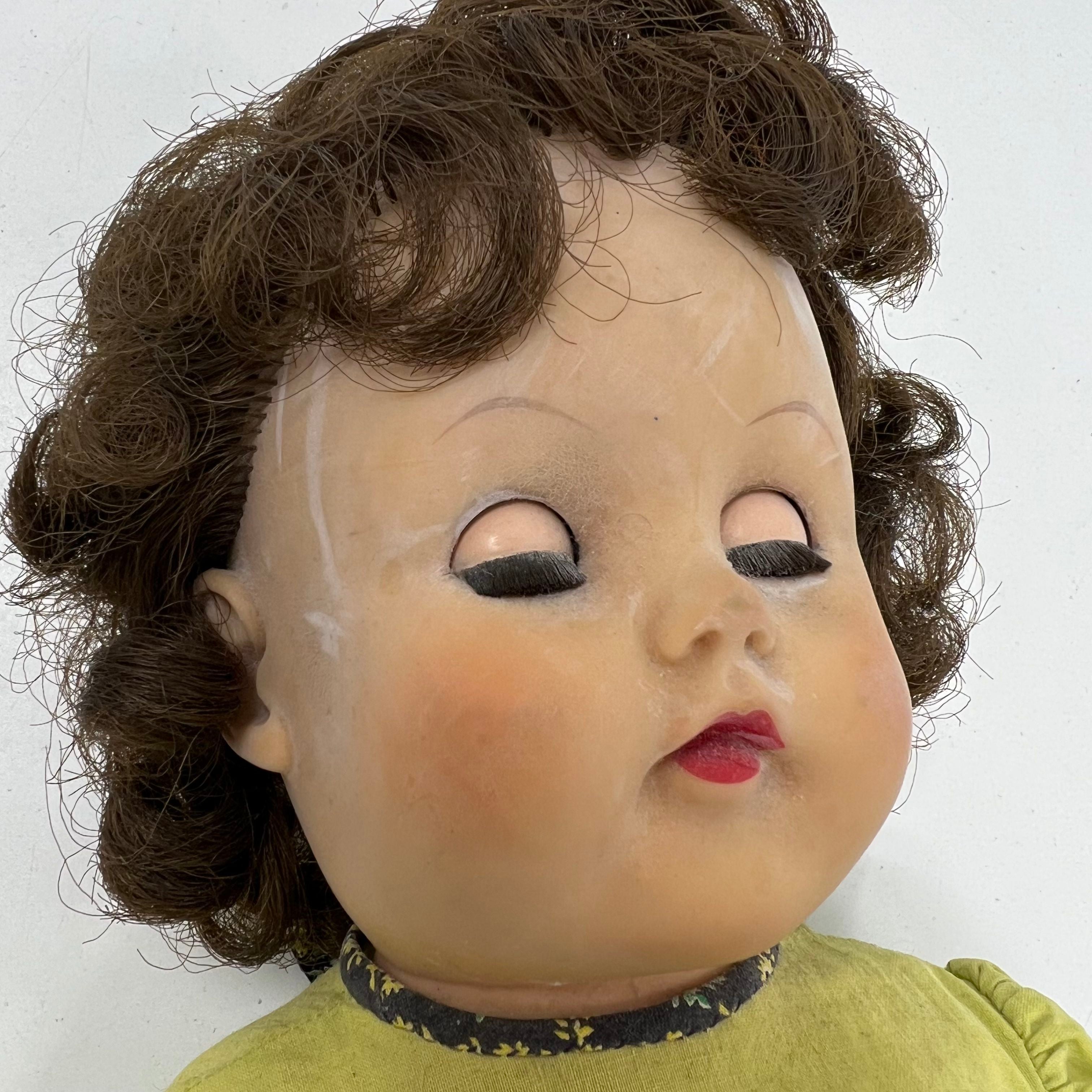 Vintage Composition Baby Doll 18" Green Floral Dress Brown Hair Sleep Eyes
