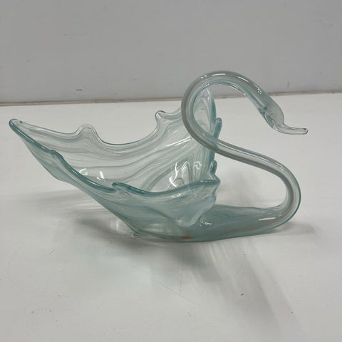 Vintage Hand Blown Art Glass Swan Bowl Dish Blue White Swirl Mid-Century Large