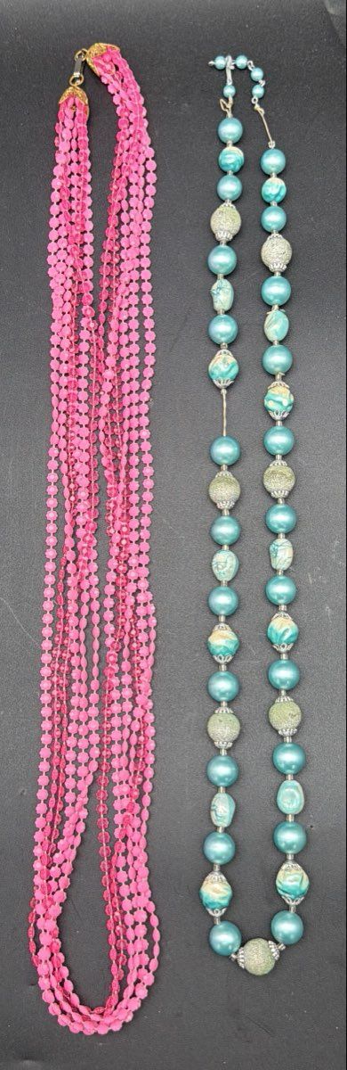 Vintage Costume Jewelry Lot 6pc Pink Blue Faux Pearl Necklaces Bracelet