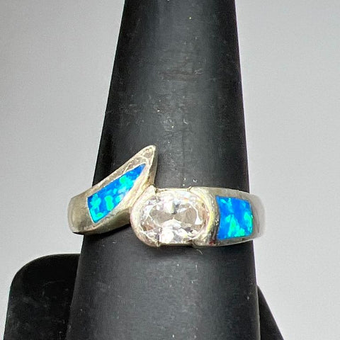 925 Sterling Silver Blue Opal & Clear Rhinestone Ring Size 8.25 4.75g