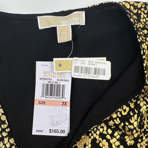 Michael Kors Women's Dress Black Gold Metallic Snake Print Smocked 2XL NWT