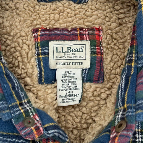 L.L. Bean Men's Sherpa Lined Scotch Plaid Flannel Shirt Jacket Blue Red Sz L