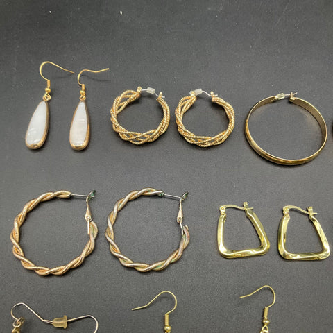 Vintage Gold Tone Fashion Earring Lot 18 Pairs Hoops Dangles Studs Rhinestones