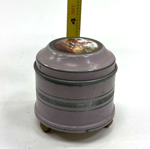 Vintage Purple Metal Powder Puff Music Box Vanity Trinket Box Victorian Scene