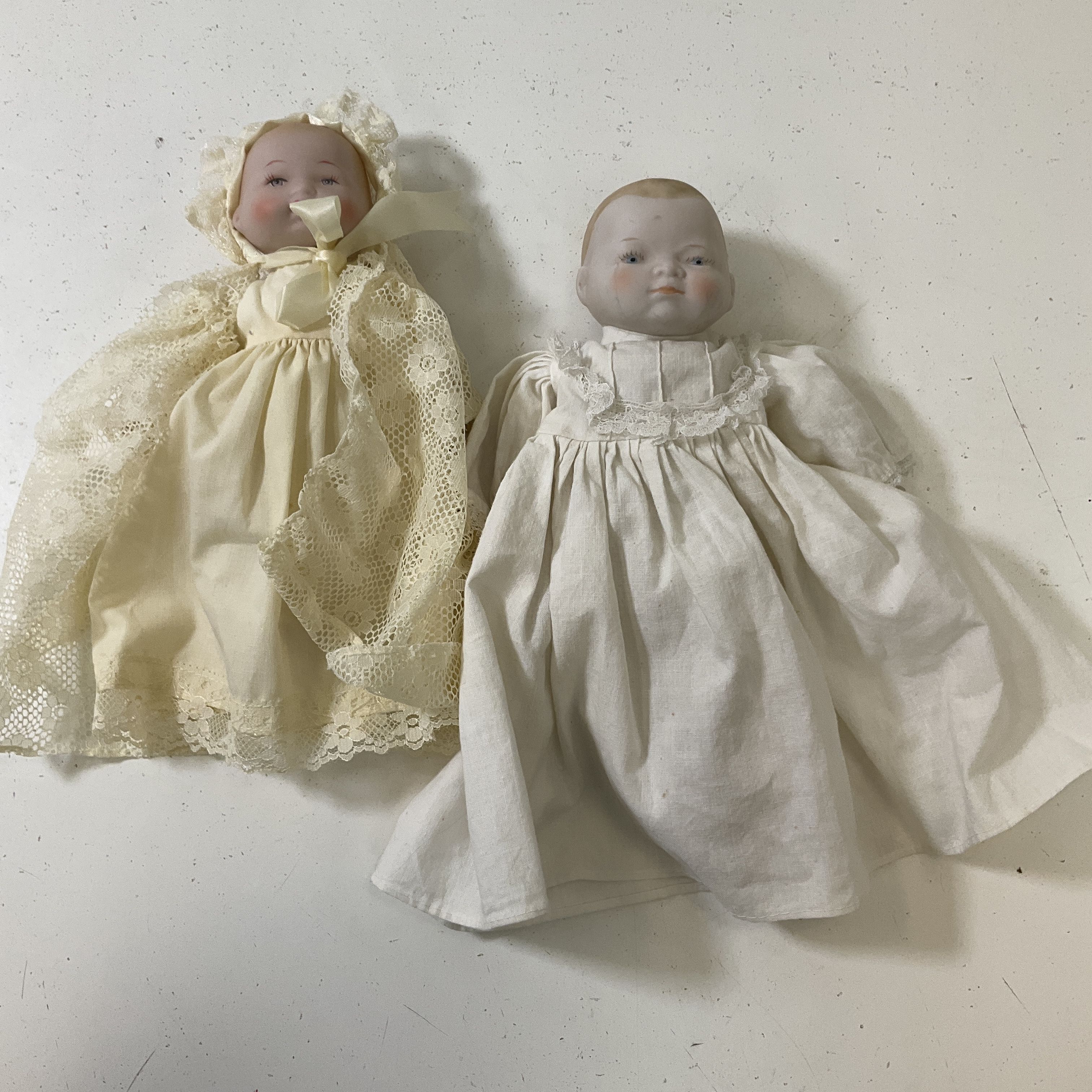 Two Vintage Bisque Dolls Bye Lo Style Prince Henry Christening Dress Outfits