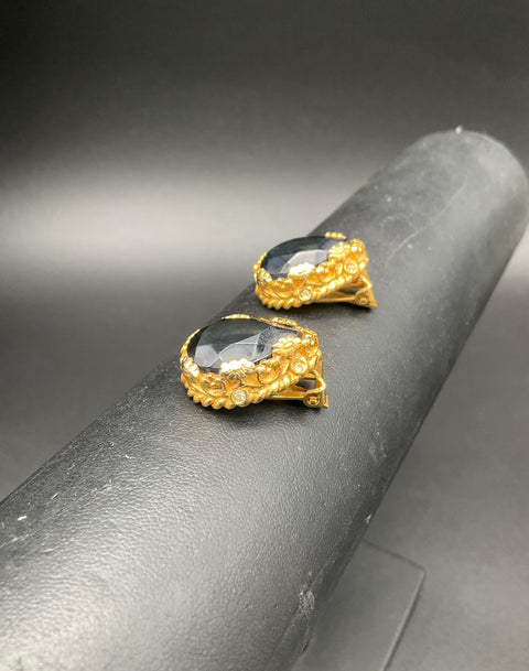 Vintage Alice Caviness Gold Tone Blue Glass Teardrop Clip Earrings Signed