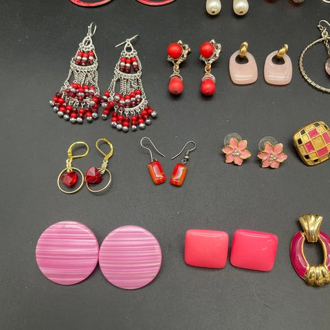 Vintage & Modern Costume Jewelry Lot 19 Pairs Earrings Pink Red White Retro