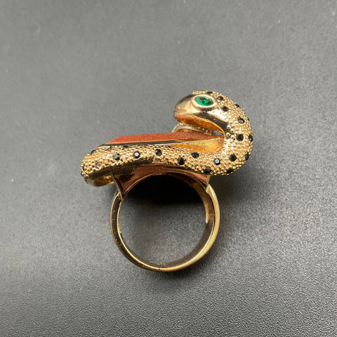 Gold Tone Snake Figural Cocktail Ring Size 9 Brown Glitter Stone Black Accents
