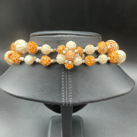 Vintage Hong Kong Double Strand Sugared Beaded Necklace Textured Floral Orange