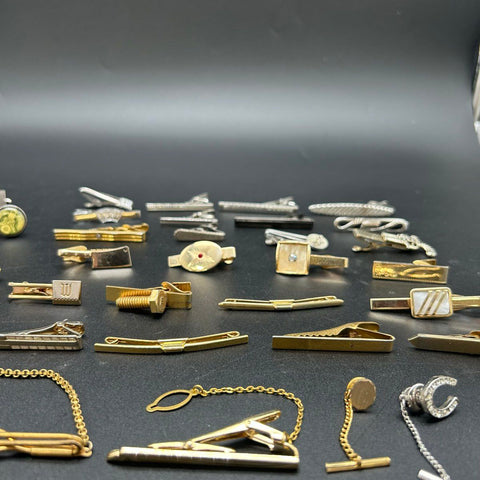 Vintage Men's Jewelry Lot Cufflinks Tie Clips Tacks Pins Gold Silver 50pc