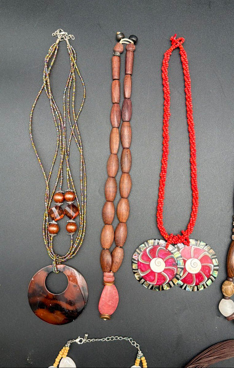 Boho Style Fashion Necklaces Lot of 8 Wood Bead Shell Seed Bead Eclectic Tribal