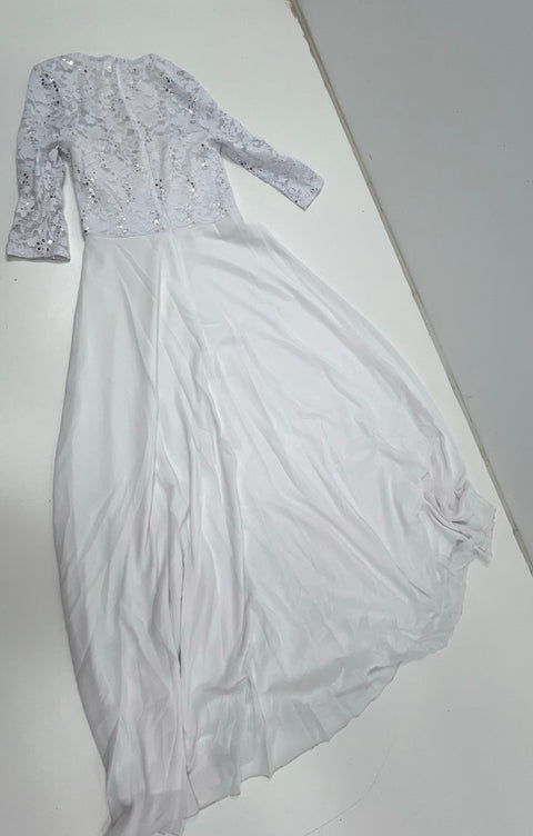 La Scala White Sequin Lace Bodice Rhinestone Formal Gown Dress Women's M