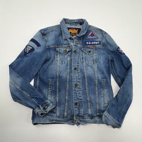 SuperDry Blue Copper Black Denim Patched Trucker Jacket Men's Size L