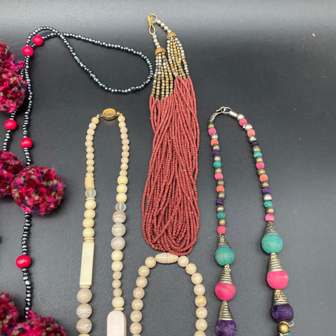 Bohemian Beaded Costume Jewelry Necklace Lot of 10 Tassel Pom Pom Multi-Strand