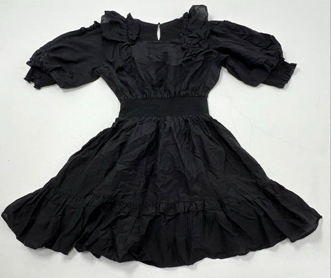 Magali Pascal Women's Black Smocked Puff Sleeve Ruffle Mini Dress Size XL