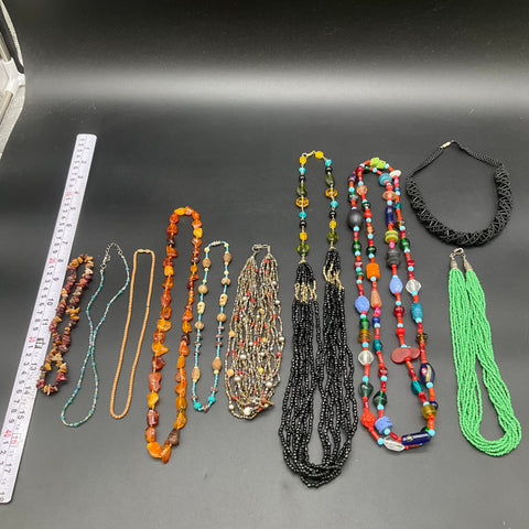 Vintage Beaded & Stone Jewelry Lot of 10 Necklaces Amber Style Art Glass Boho