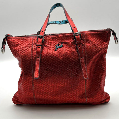 Gabs Firenze Metallic Red Scale Embossed Leather Tote Satchel Bag Made in Italy