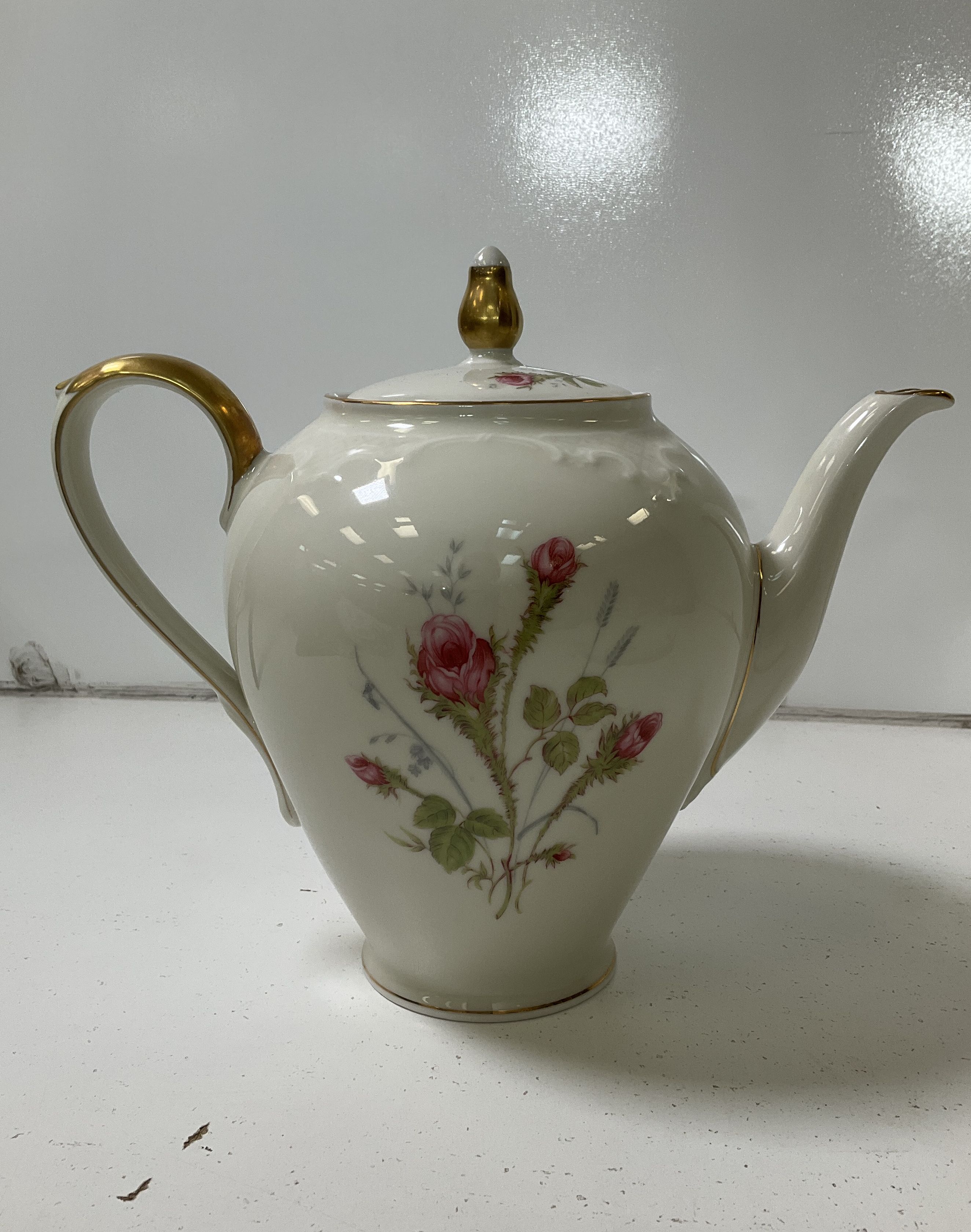 Vintage Winterling Bavaria Pink Rose Teapot & Serving Tray Set Gold Gilt Germany