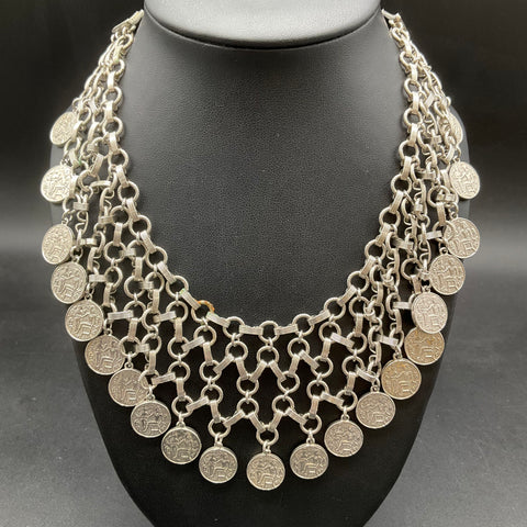 Vintage Egyptian Revival Silver Tone Multi Strand Coin Bib Necklace