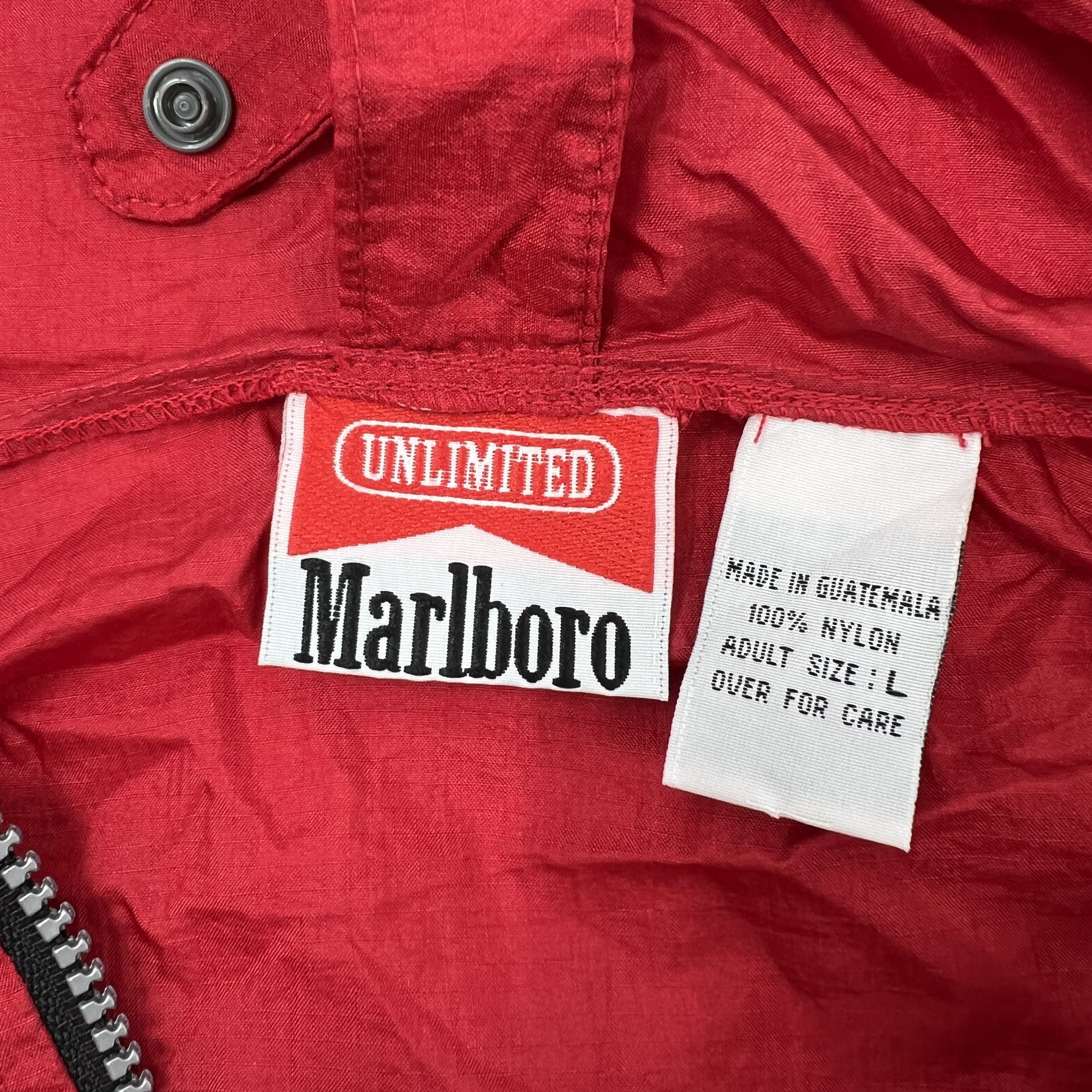 Vintage 90s Marlboro Red Packable Hooded Pullover Windbreaker Anorak Men's L