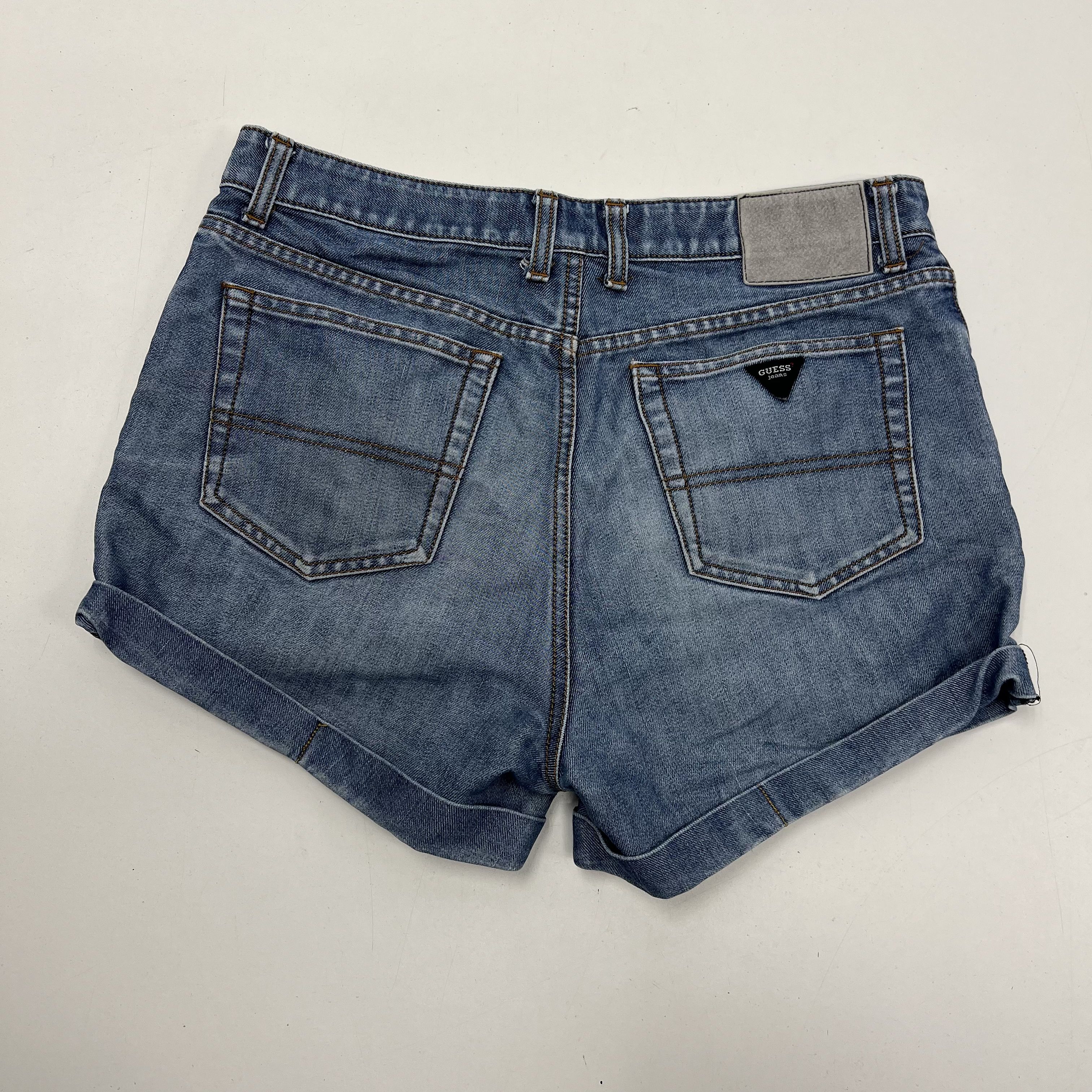 Vintage 90s Guess Blue Denim High Rise Rolled Cuff Cutoff Shorts Women's 23