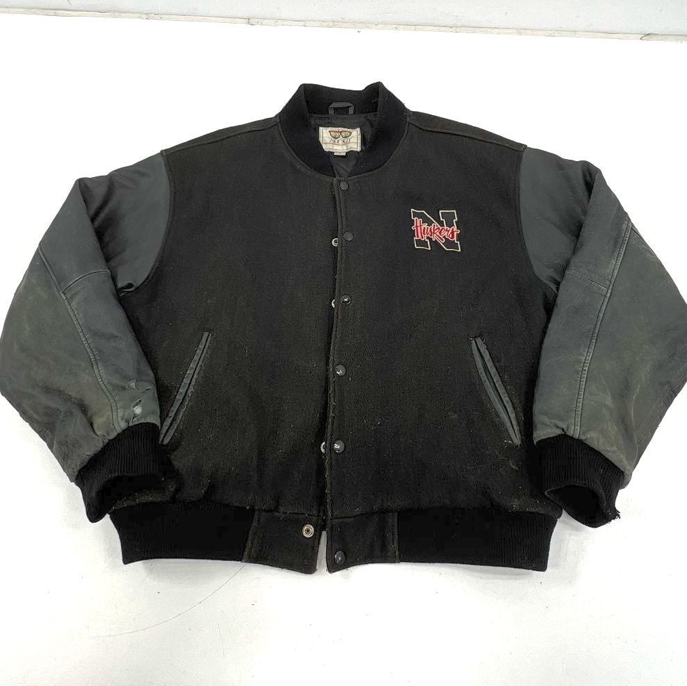 Vintage 90s 20/20 Sports Black Nebraska Huskers Wool Leather Varsity Jacket