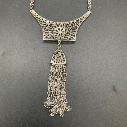 Vintage 1960s 1970s Silver Tone Tassel Necklace Openwork Filigree Boho Mod