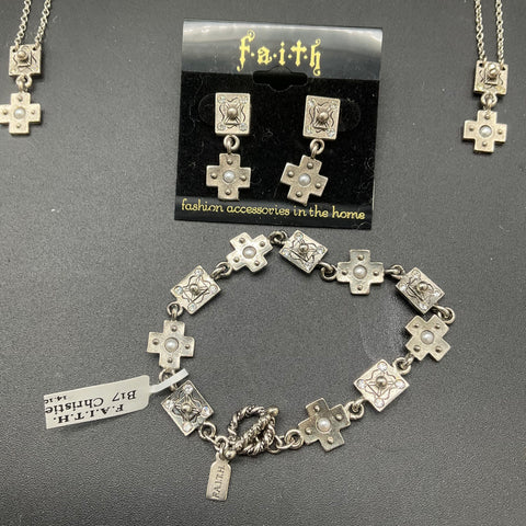 F.A.I.T.H. Silver Tone Faux Pearl Rhinestone Cross Jewelry Lot 4 Pieces NWT