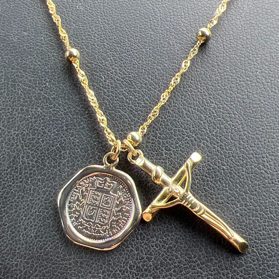 925 Sterling Silver Cross & Religious Charm Necklace Gold tone