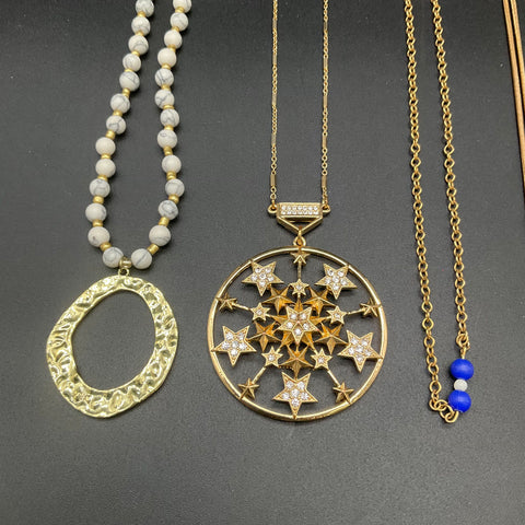 Boho Statement Necklace Lot of 8 Gold Tone Beaded Celestial Starburst Pendants