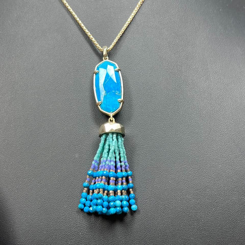Kendra Scott Blue Beaded Tassel Gold Tone Necklace 32g
