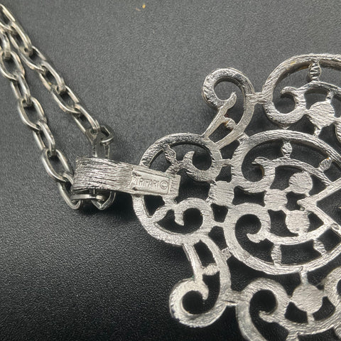 Vintage Crown Trifari Silver Tone Filigree Scroll Rhinestone Pendant Necklace