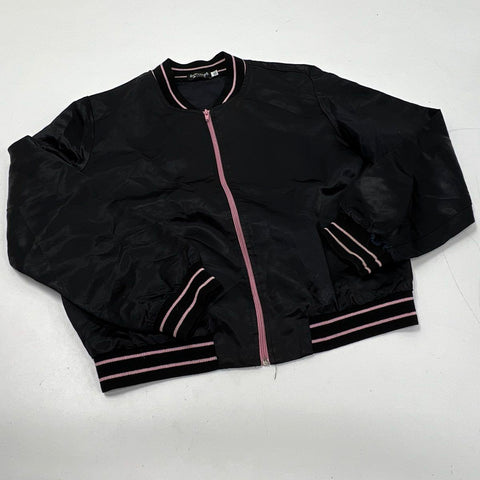 American Girl Girls Rock Star Graphic Bomber Jacket Black Pink Satin Sz XL