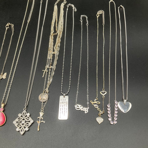 Fashion Costume Jewelry Lot of 17 Necklaces Silver Gold Tone Heart Butterfly
