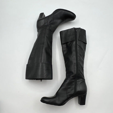 Talbots Black Leather Knee High Block Heel Side Zip Boots Size 6.5 B