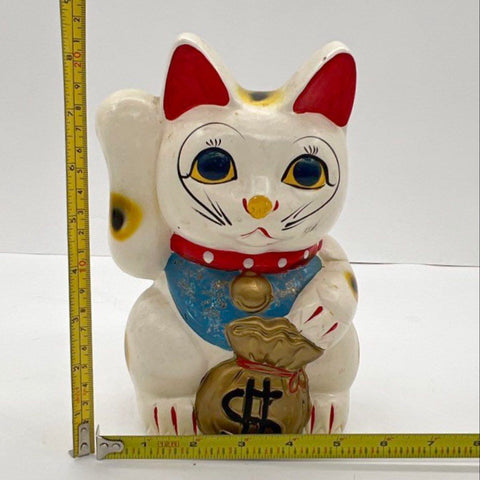 Ceramic Lucky Cat Bank Vintage Canon Cat Maneki-neko 8 Inch Missing Stopper