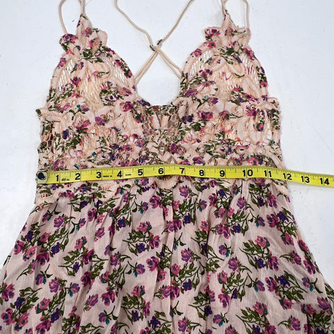 Free People FP ONE Women's Pink Floral Lace Smocked Ruffle Mini Dress Sz S