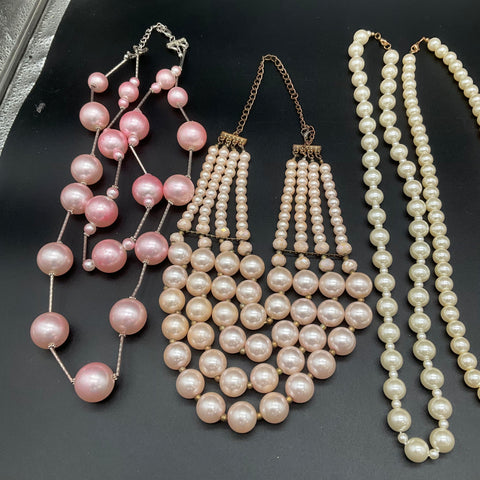 Vintage Faux Pearl Costume Jewelry Lot of 9 Necklaces Multi-Strand White Pink