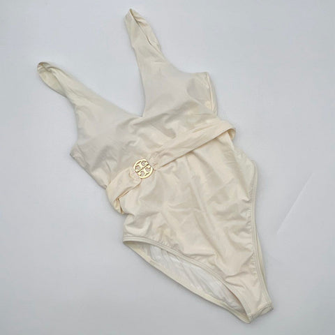 Tory Burch Women's Miller Plunge One-Piece Swimsuit New Ivory Gold Logo Sz M NWT