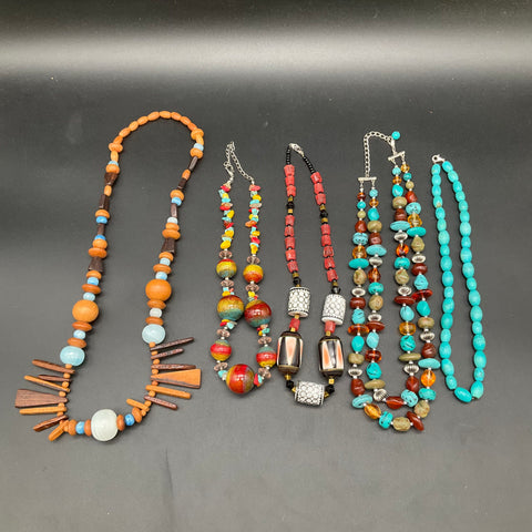 Boho Statement Necklace Lot of 5 Wood Faux Turquoise Tribal Beaded Mixed Media