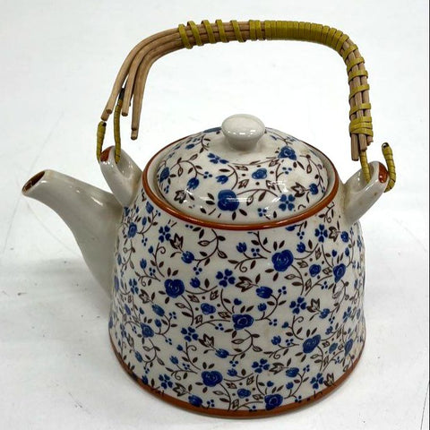 Ceramic Teapot Blue Floral Vine Pattern with Lid & Rattan Handle