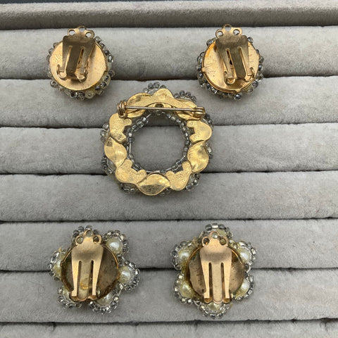 Vintage Faux Pearl Seed Bead Wreath Brooch and 2 Pair Clip On Earrings Lot