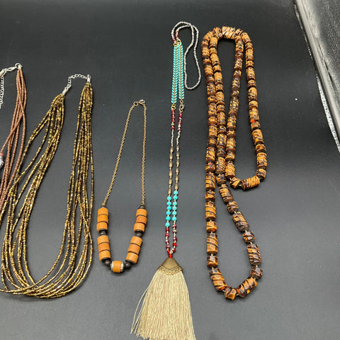 Boho Beaded Multi-Strand Tassel Necklace Jewelry Lot of 10 Wood Glass Earthy