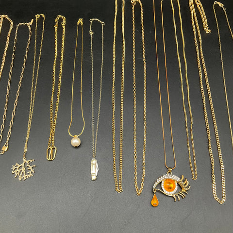 Vintage to Modern Mixed Costume Jewelry Necklace Lot 15 Pieces Gold Tone