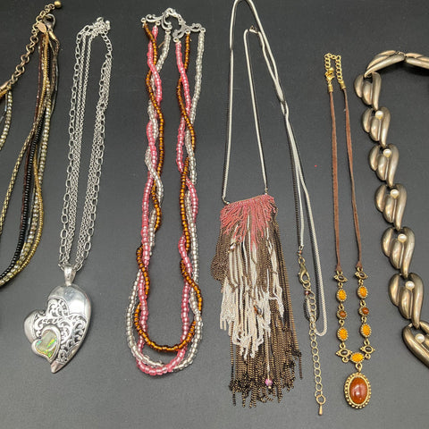 Vintage and Modern Costume Jewelry Lot 6 Necklaces Faux Pearl Heart Abalone