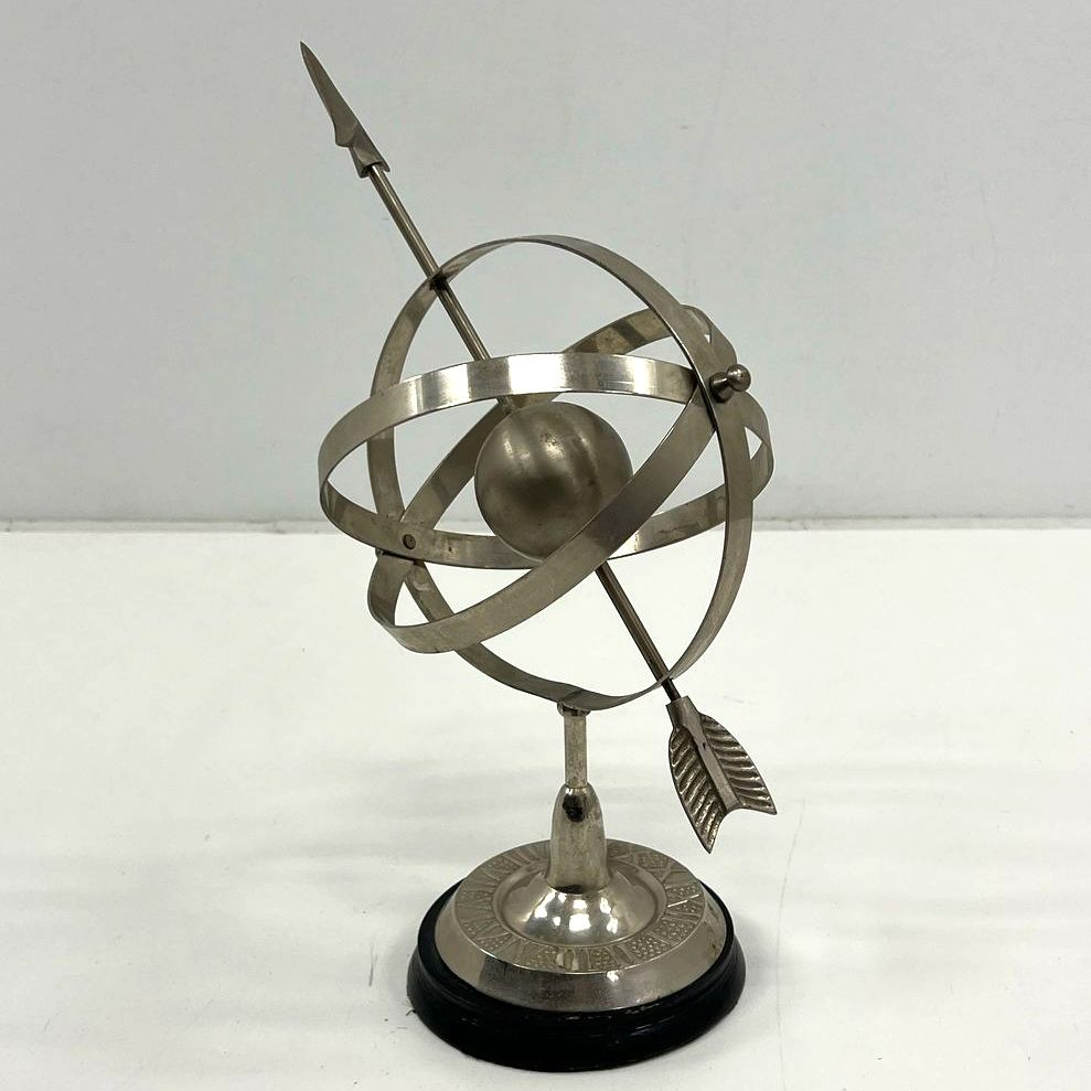 VTG Silver Tone Metal Armillary Sphere Sun Dial Desk or Table Top Decor Piece