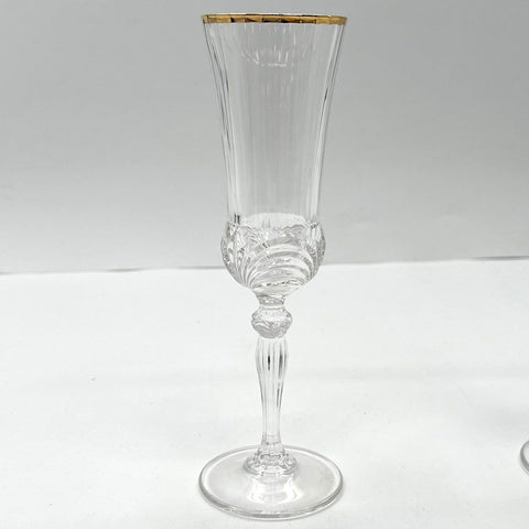 Pressed Glass Gold Rim Champagne Flutes Set of 2 Ribbed Stem 8.75 Inch Vintage